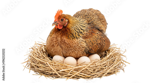 Foto Brown hen with red comb sitting on a straw nest brooding white eggs, isolated on