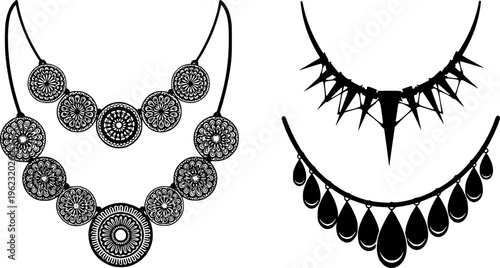 Set of three elegant black silhouette necklaces with intricate ethnic and geometric patterns, minimalist luxury jewelry vector isolated on white.