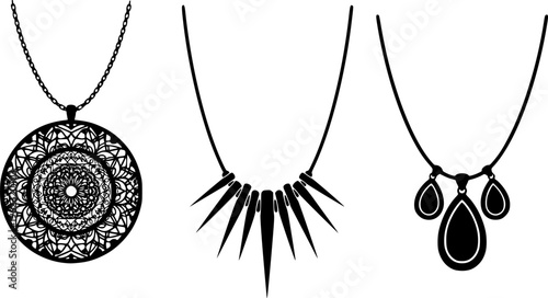 Set of three elegant black silhouette necklaces with intricate ethnic and geometric patterns, minimalist luxury jewelry vector isolated on white.