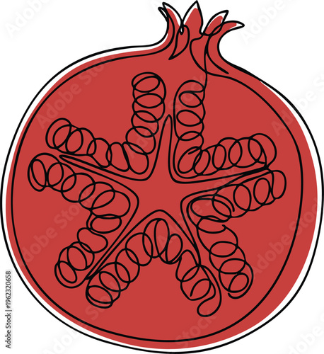 Continuous one-line drawing of a red pomegranate half with seeds scattered in a star-like formation, flat red color.