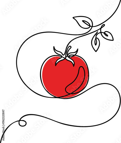 Continuous one-line drawing of a red tomato with stem and small leaves in a bold S-curve, flat red color.