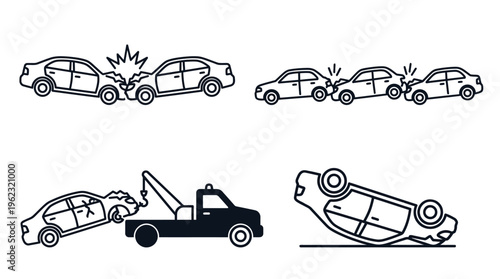 Car crash sequence showing impact damage and towing a black silhouette