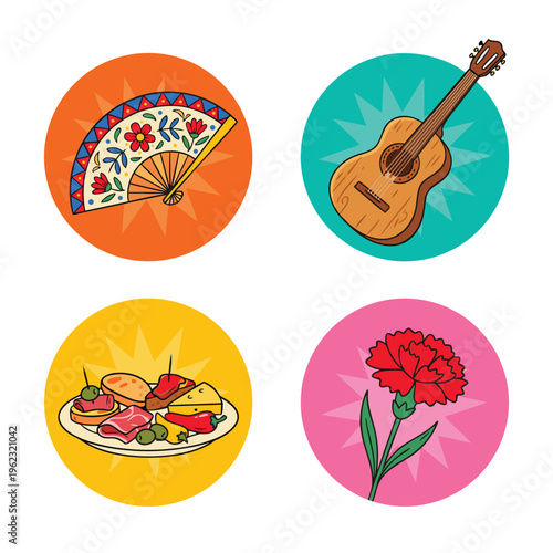 Collection of Spanish cultural icons including fan, guitar, tapas, and carnation flower.