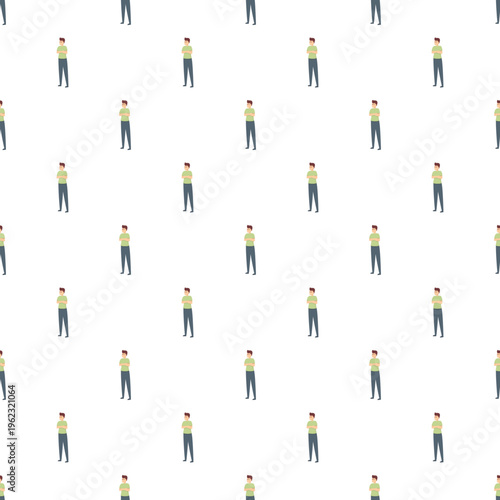 Repeating pattern of an illustrated man standing with crossed arms, symbolizing conformity and anonymity