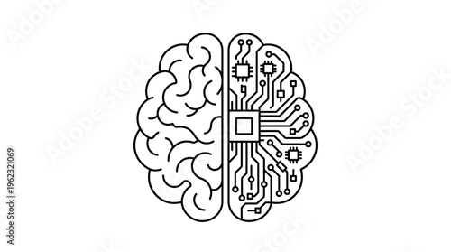 Conceptual illustration of artificial intelligence and human brain integration, merging biological cognition with digital processing for advanced thinking and innovation