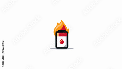 A battery icon is on fire, with orange flames engulfing the top of the battery and a red liquid droplet inside