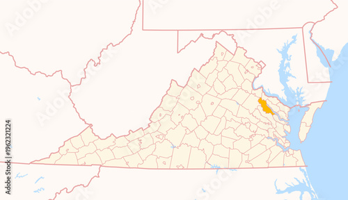 Map of the County Essex (Virginia, US) showing the Federal State with the highlighted County
