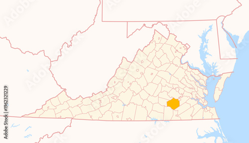 Map of the County Dinwiddie (Virginia, US) showing the Federal State with the highlighted County