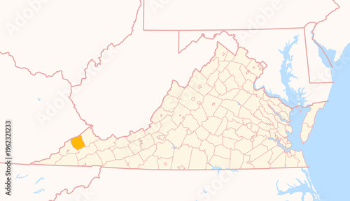 Map of the County Dickenson (Virginia, US) showing the Federal State with the highlighted County