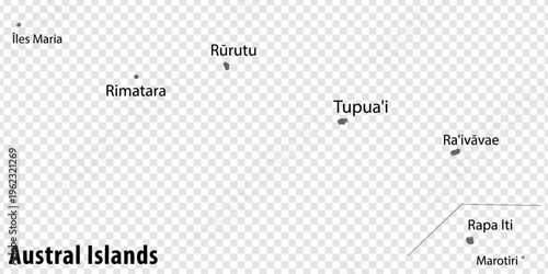 Blank map Austral Islands in gray. Every Island map is with titles. High quality map of  Austral Islands  on transparent background for your  design.  French Polynesia. EPS10.
