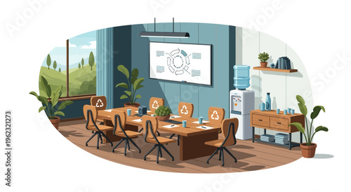 Modern Eco-Friendly Meeting Room with Nature View, Sustainable Design, and Whiteboard for Business Strategy and Circular Economy Concepts