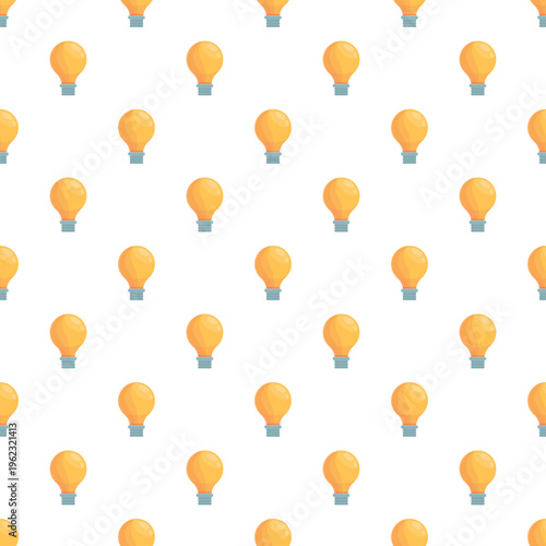 Yellow light bulbs arranging in a repeating pattern on white background, symbolizing ideas and innovation
