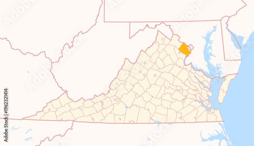 Map of the County Fairfax (Virginia, US) showing the Federal State with the highlighted County