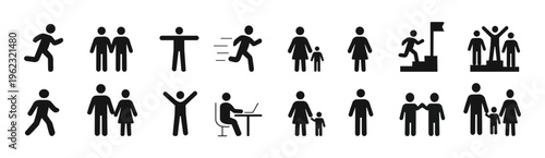 People pictogram icon set. Human figure symbols, family, walking, running, teamwork silhouette icons collection.