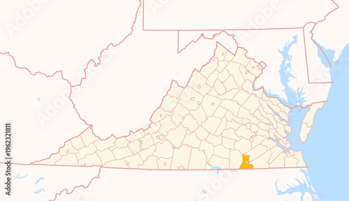 Map of the County Greensville (Virginia, US) showing the Federal State with the highlighted County