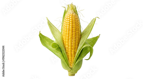 Fresh ripe yellow corn cob with vibrant green husks partially peeled back, isolated on transparent background for healthy food concepts