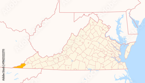 Map of the County Lee (Virginia, US) showing the Federal State with the highlighted County