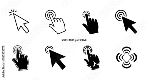 Set of eight black and white cursor icons, various hand and pointer gestures for clicking