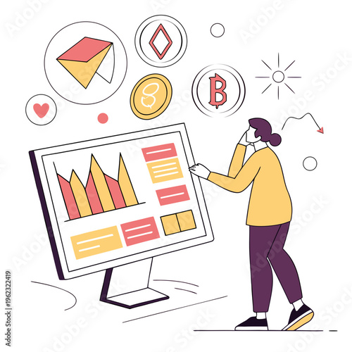 A woman interacts with a computer monitor displaying a colorful graph while surrounded by cryptocurrency symbols and icons