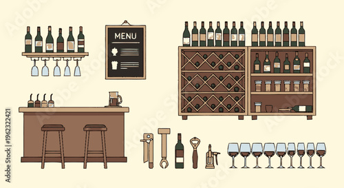 Bar interior with wine bottles and glasses.