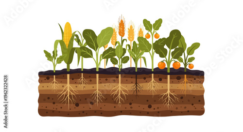 Cross-Section of Growing Farm Crops: Corn, Wheat, and Vegetables with Detailed Root Systems in Layered Soil. Agriculture & Sustainable Cultivation.