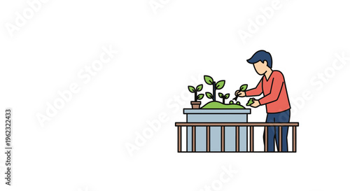 Young Man Nurturing Potted Plants in an Urban Balcony Garden - Flat Vector Illustration