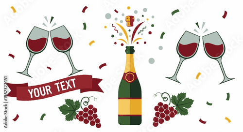 Celebration Champagne Bottle and Toasting Glasses with Grapes.