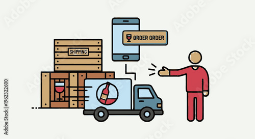 Delivery truck with boxes and mobile phone showing order.