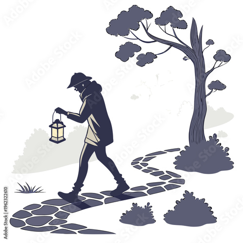 A man walking on a stone path with a lantern in a landscape with trees and bushes