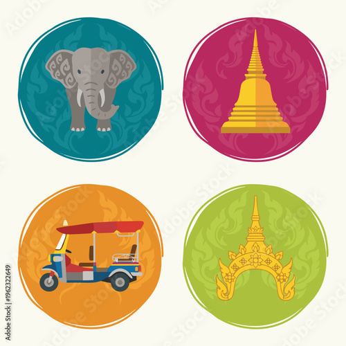 Collection of Thai cultural icons including elephant, pagoda, tuk-tuk, and temple arch.