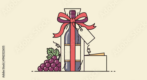 Elegant Wine Bottle Gift Presentation with Grapes and Tag.