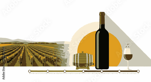 Elegant Wine Bottle and Glass with Vineyard Backdrop.