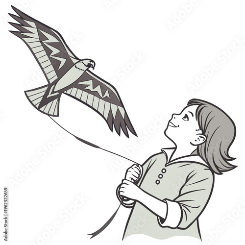A woman flying a kite shaped like an eagle in the air