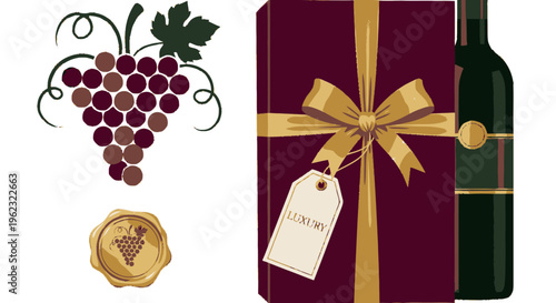 Elegant Wine Gift Set with Grapes and Seal.