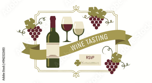 Elegant Wine Tasting Event Invitation with Bottle and Glasses.