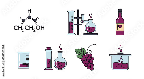 Ethanol Chemistry and Wine Production Icons Set.