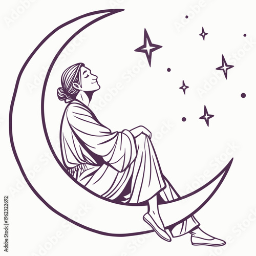 Woman sitting on crescent moon looking up at stars in the night sky in a peaceful and dreamy scene