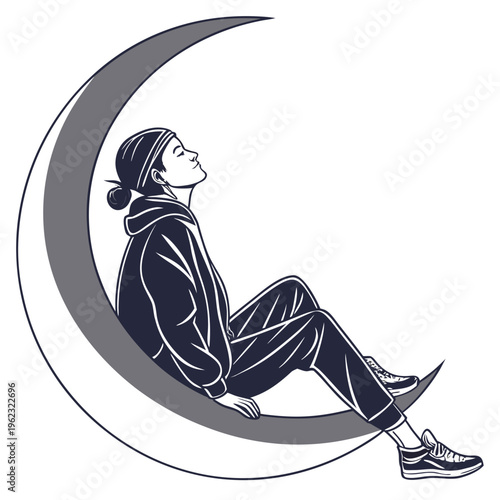 A person sitting on a crescent moon looking up at the sky in a relaxed pose in a hoodie and sneakers