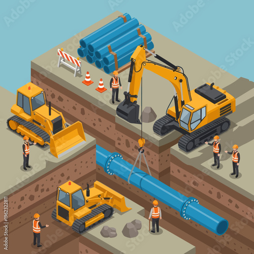 Heavy Equipment and Workers on a Construction Site.