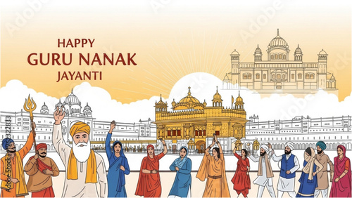 People celebrate Guru Nanak Jayanti with traditional attire and rituals outside a golden temple