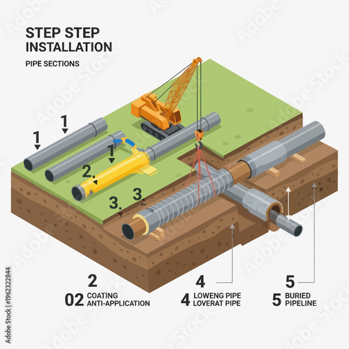 Isometric illustration of pipe sections installation process with crane and underground pipeline.