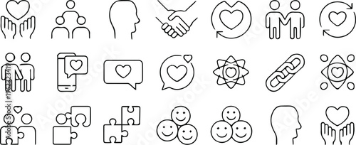 heart simple icons set social care mental health connection symbols
