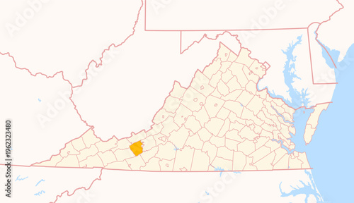 Map of the County Pulaski (Virginia, US) showing the Federal State with the highlighted County