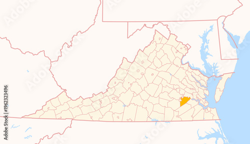 Map of the County Prince George (Virginia, US) showing the Federal State with the highlighted County