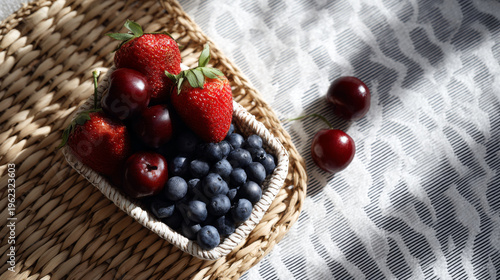 Fresh strawberry, cherry, blueberry in basket on woven mat, sunlight, summer picnic vibe