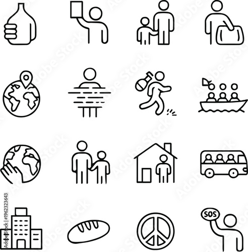 refugee icons set humanitarian aid line art vector symbols