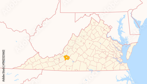Map of the County Roanoke (Virginia, US) showing the Federal State with the highlighted County