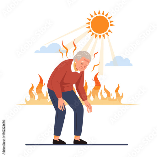 Senior woman suffering from heatstroke during extreme summer heat wave