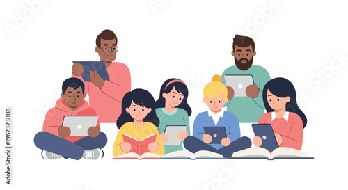 Diverse group of people reading books.