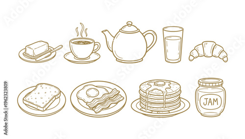 Delicious breakfast food elements featuring eggs bacon pancakes coffee toast and jam. Hand drawn breakfast food and bakery items vector line art collection
